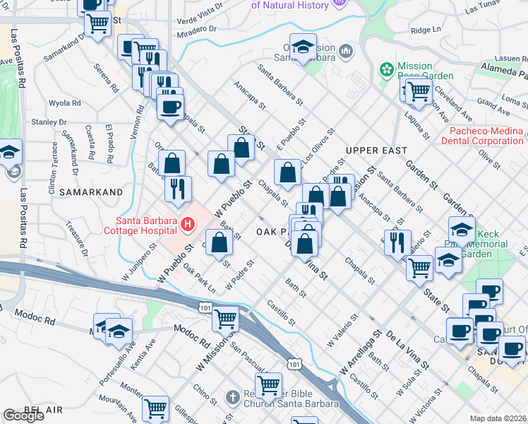 map of restaurants, bars, coffee shops, grocery stores, and more near 129 West Los Olivos Street in Santa Barbara