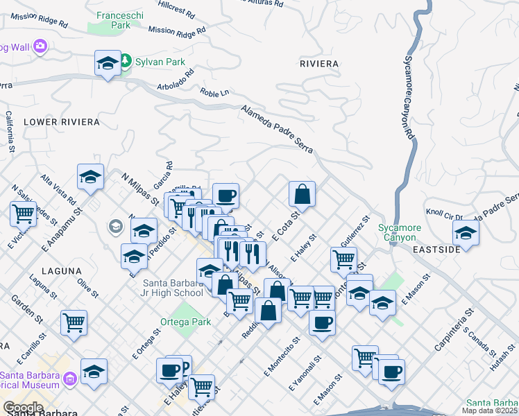 map of restaurants, bars, coffee shops, grocery stores, and more near 1111 East Ortega Street in Santa Barbara