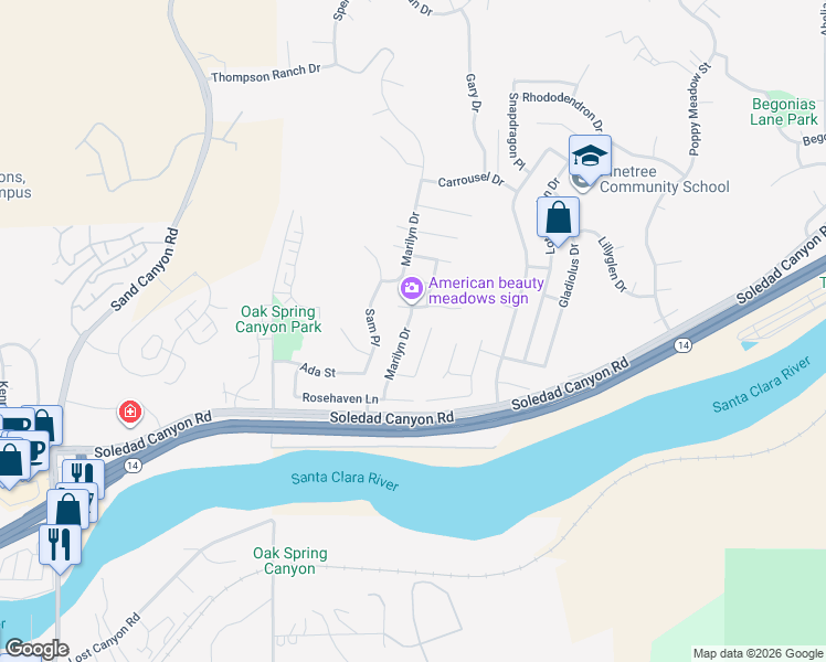 map of restaurants, bars, coffee shops, grocery stores, and more near 28948 Marilyn Drive in Santa Clarita