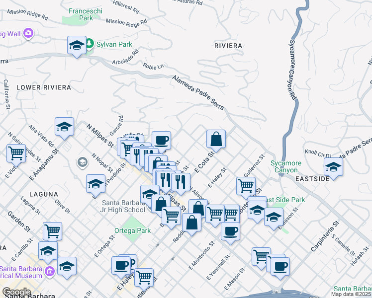 map of restaurants, bars, coffee shops, grocery stores, and more near 1119 East Ortega Street in Santa Barbara