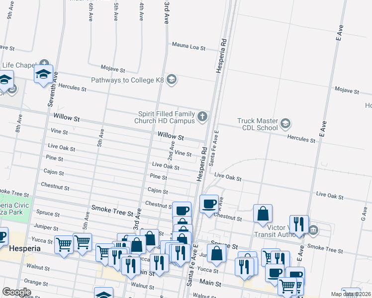 map of restaurants, bars, coffee shops, grocery stores, and more near 16552 Vine Street in Hesperia