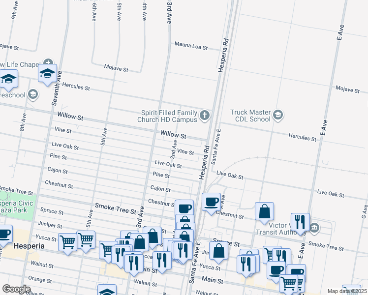 map of restaurants, bars, coffee shops, grocery stores, and more near 16552 Vine Street in Hesperia