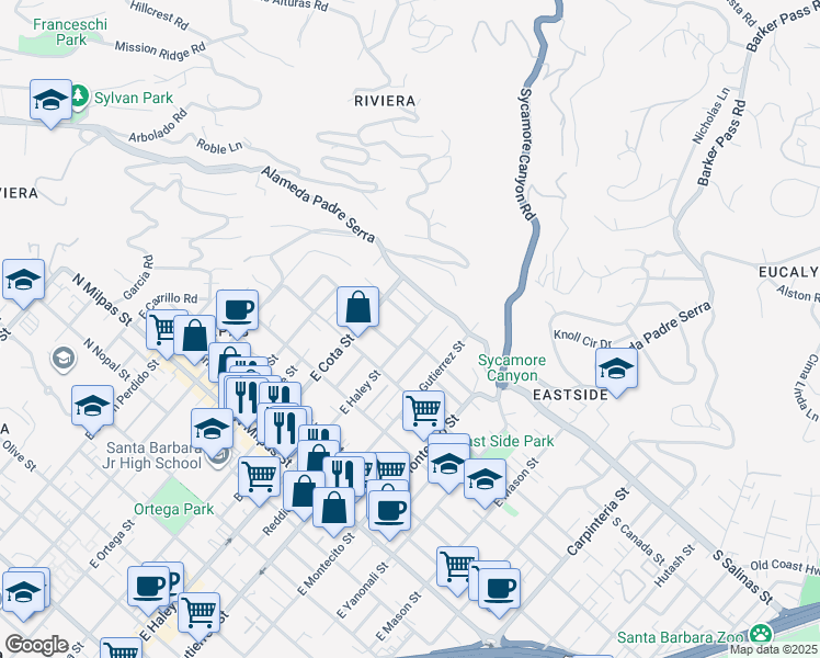 map of restaurants, bars, coffee shops, grocery stores, and more near 502 Chiquita Road in Santa Barbara