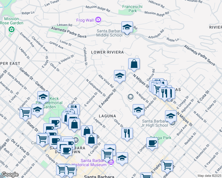 map of restaurants, bars, coffee shops, grocery stores, and more near 1201 Alta Vista Road in Santa Barbara
