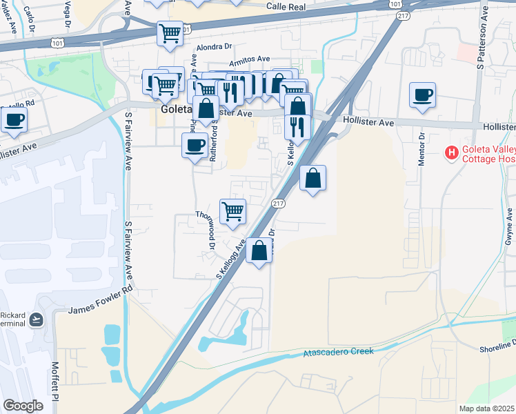 map of restaurants, bars, coffee shops, grocery stores, and more near 75 Townend Place in Goleta