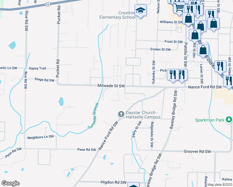map of restaurants, bars, coffee shops, grocery stores, and more near 1000 Mitwede Street South West in Hartselle