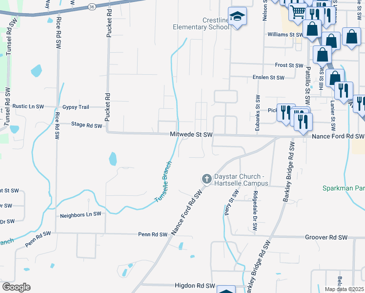 map of restaurants, bars, coffee shops, grocery stores, and more near 1002 Mitwede Street South West in Hartselle