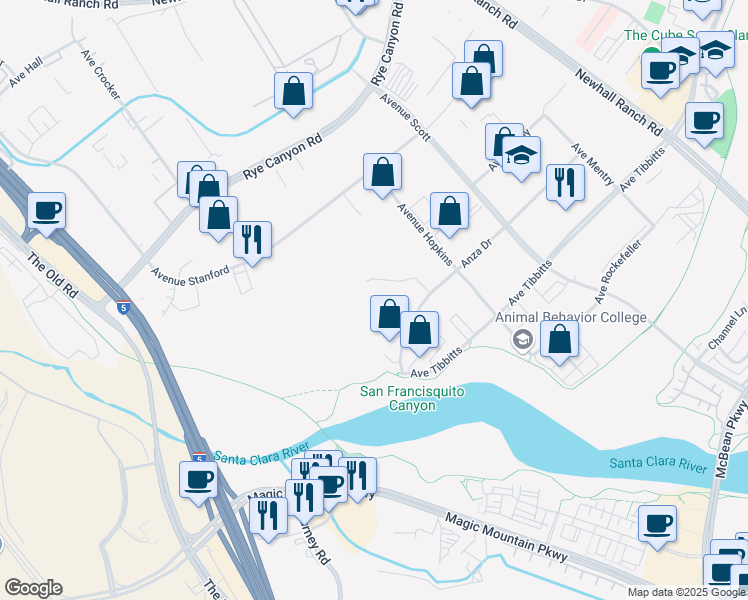 map of restaurants, bars, coffee shops, grocery stores, and more near 25145 Anza Drive in Santa Clarita