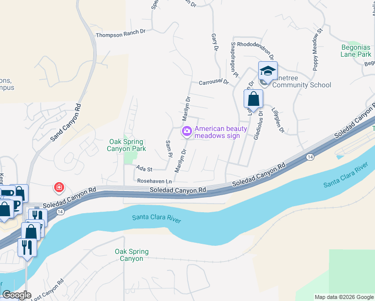 map of restaurants, bars, coffee shops, grocery stores, and more near 28948 Marilyn Drive in Santa Clarita