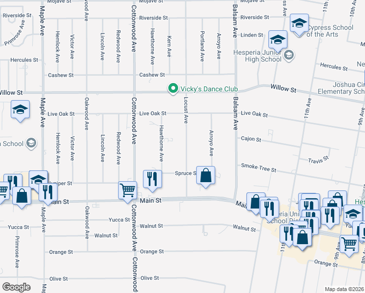 map of restaurants, bars, coffee shops, grocery stores, and more near 9914 Locust Avenue in Hesperia