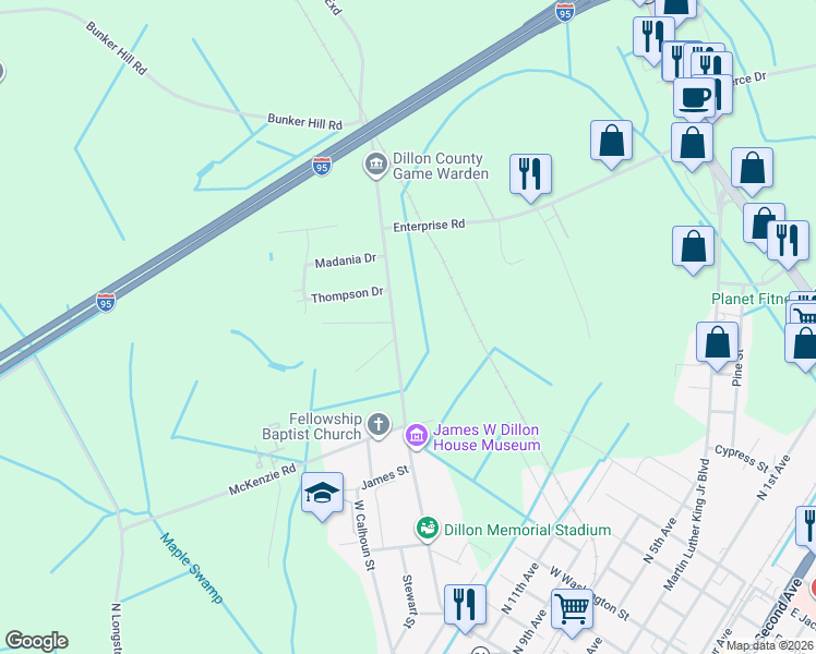 map of restaurants, bars, coffee shops, grocery stores, and more near 1244 West Main Street in Dillon