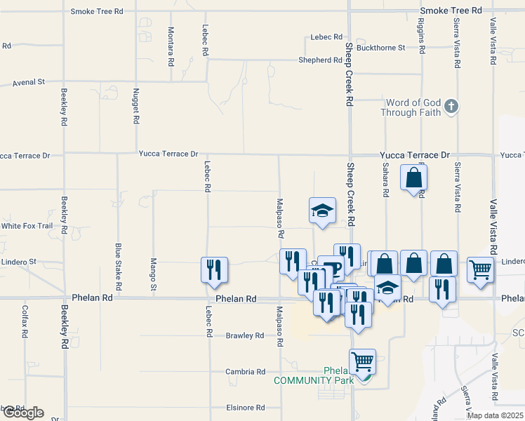 map of restaurants, bars, coffee shops, grocery stores, and more near White Fox Trail in Phelan