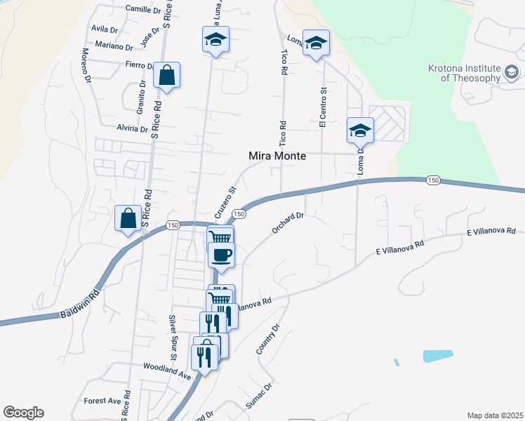 map of restaurants, bars, coffee shops, grocery stores, and more near 11668 North Ventura Avenue in Ojai