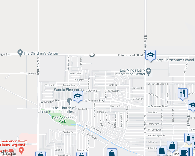 map of restaurants, bars, coffee shops, grocery stores, and more near 1220 Comer Drive in Clovis
