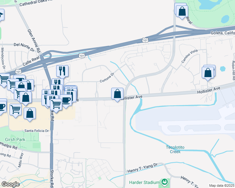 map of restaurants, bars, coffee shops, grocery stores, and more near 149 Castilian Drive in Goleta
