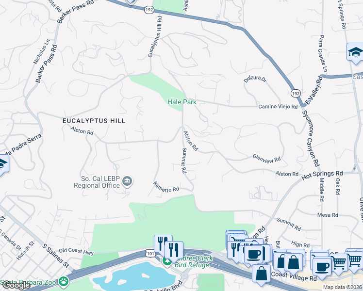 map of restaurants, bars, coffee shops, grocery stores, and more near 820 Summit Road in Santa Barbara