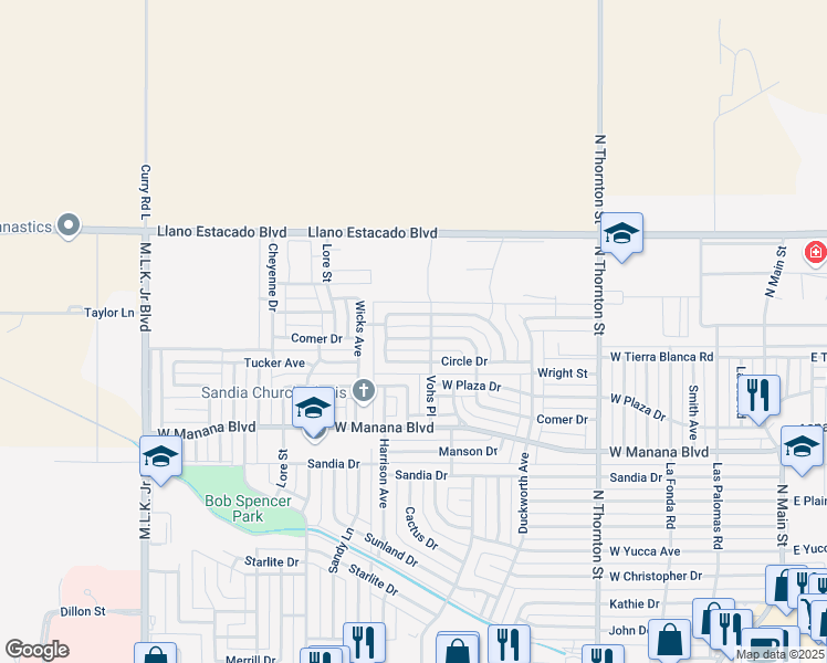 map of restaurants, bars, coffee shops, grocery stores, and more near 1208 Comer Drive in Clovis