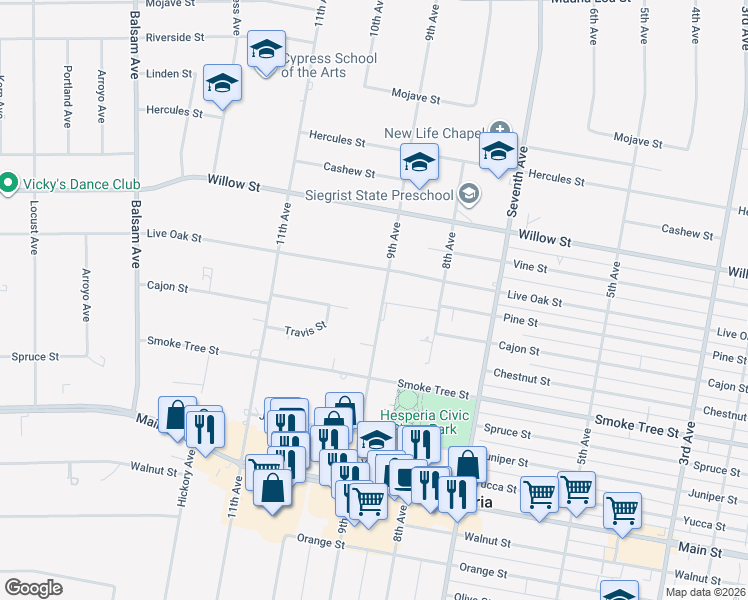 map of restaurants, bars, coffee shops, grocery stores, and more near 9990 9th Avenue in Hesperia