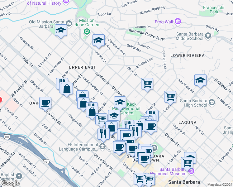 map of restaurants, bars, coffee shops, grocery stores, and more near 1633 Garden Street in Santa Barbara