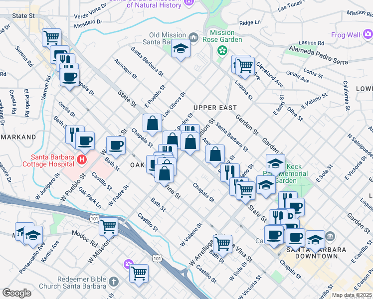 map of restaurants, bars, coffee shops, grocery stores, and more near State St & E Mission St in Santa Barbara