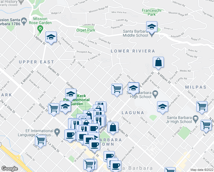 map of restaurants, bars, coffee shops, grocery stores, and more near 1408 Olive Street in Santa Barbara