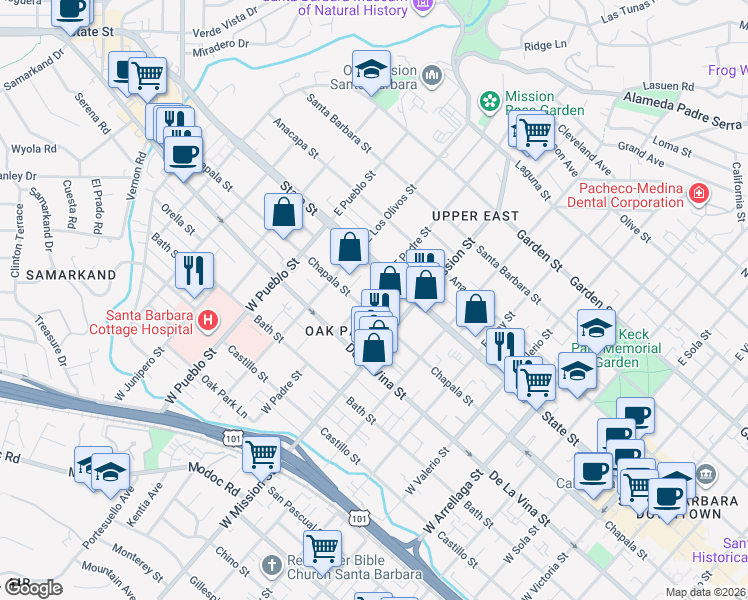 map of restaurants, bars, coffee shops, grocery stores, and more near 25 West Padre Street in Santa Barbara