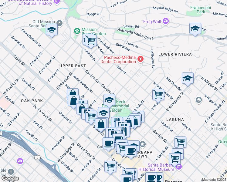 map of restaurants, bars, coffee shops, grocery stores, and more near 1600 Garden Street in Santa Barbara