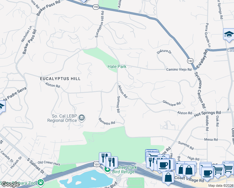 map of restaurants, bars, coffee shops, grocery stores, and more near 820 Summit Road in Santa Barbara