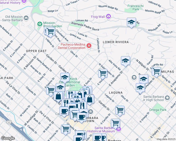 map of restaurants, bars, coffee shops, grocery stores, and more near 424 East Micheltorena Street in Santa Barbara