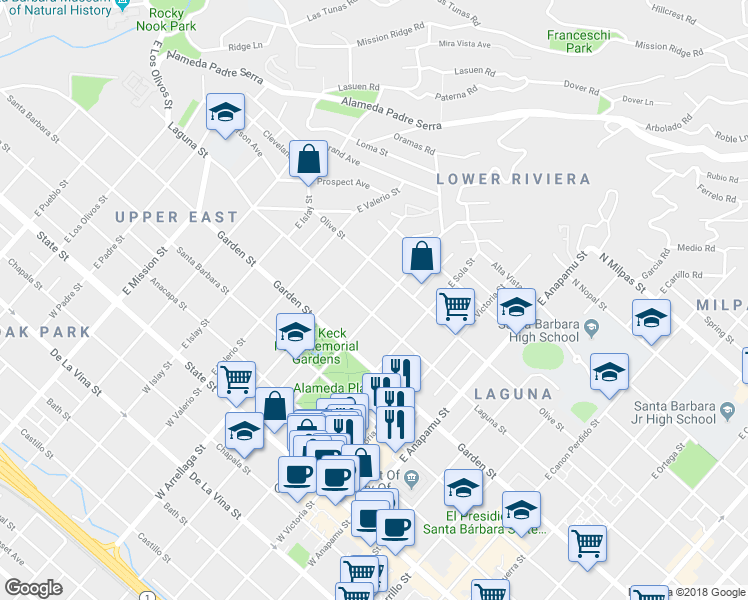 map of restaurants, bars, coffee shops, grocery stores, and more near 424 East Micheltorena Street in Santa Barbara