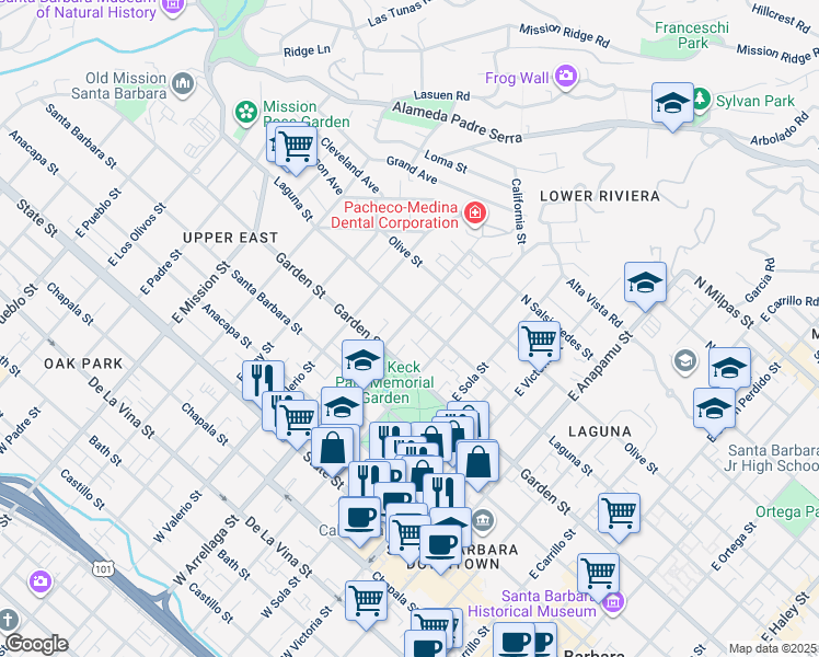 map of restaurants, bars, coffee shops, grocery stores, and more near 1520 Laguna Street in Santa Barbara