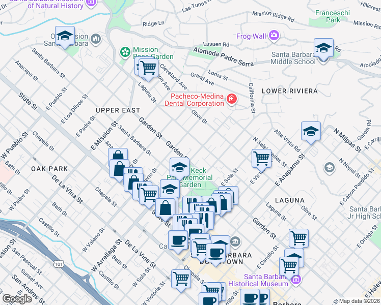 map of restaurants, bars, coffee shops, grocery stores, and more near 1600 Garden Street in Santa Barbara