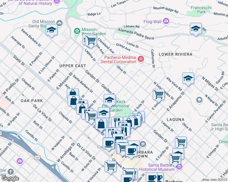 map of restaurants, bars, coffee shops, grocery stores, and more near 1600 Garden Street in Santa Barbara