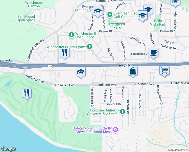 map of restaurants, bars, coffee shops, grocery stores, and more near 7634 Hollister Avenue in Goleta