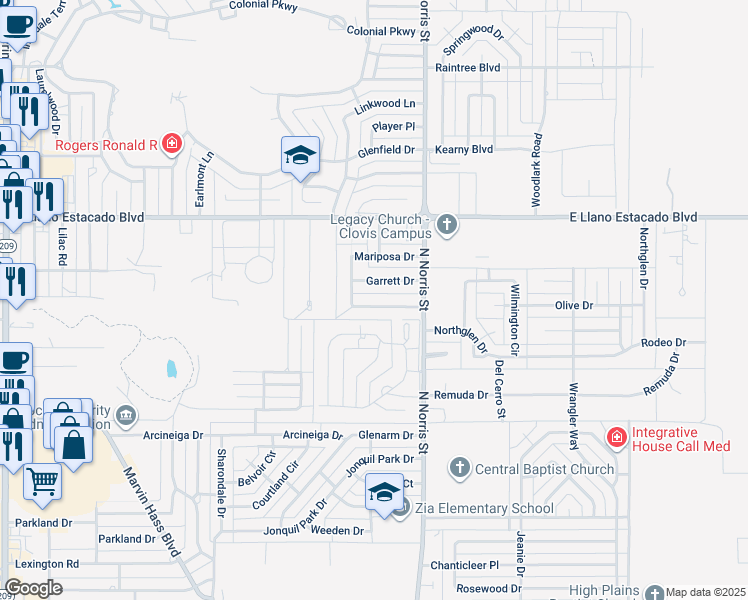 map of restaurants, bars, coffee shops, grocery stores, and more near 128 Mariposa Drive in Clovis