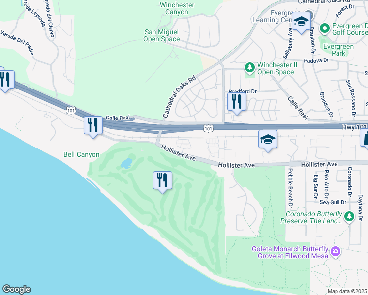 map of restaurants, bars, coffee shops, grocery stores, and more near 7900 Hollister Avenue in Goleta