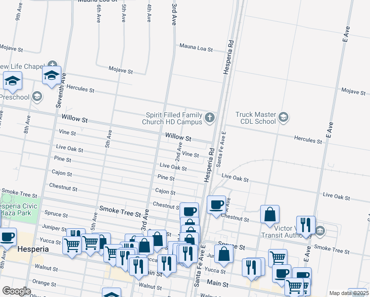 map of restaurants, bars, coffee shops, grocery stores, and more near 16530 Vine Street in Hesperia