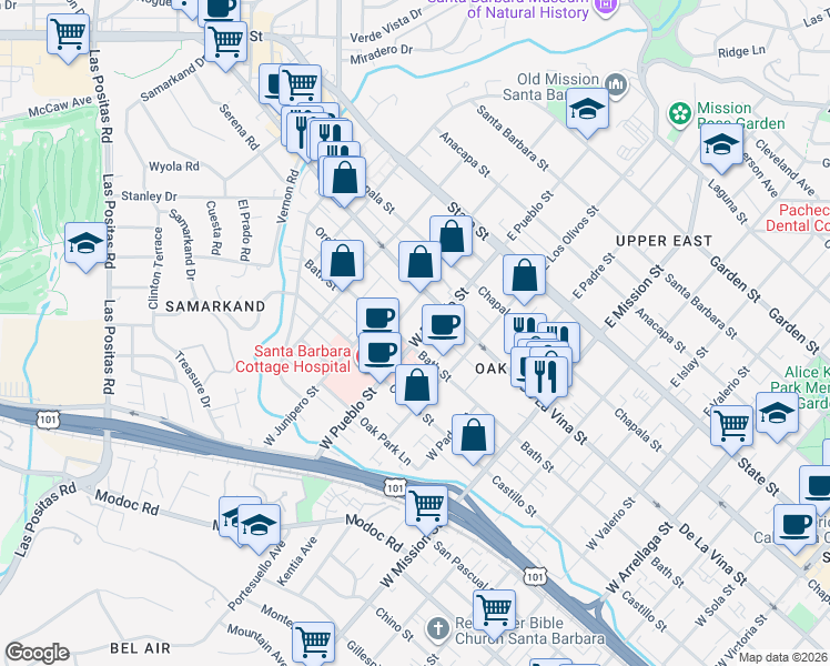 map of restaurants, bars, coffee shops, grocery stores, and more near 2320 Bath Street in Santa Barbara