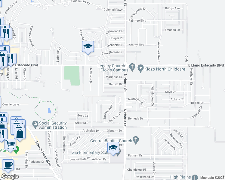 map of restaurants, bars, coffee shops, grocery stores, and more near 124 Mariposa Drive in Clovis