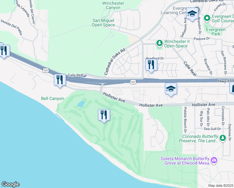 map of restaurants, bars, coffee shops, grocery stores, and more near 7965 Whimbrel Lane in Goleta
