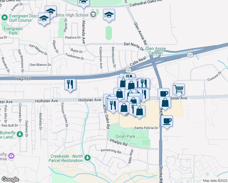 map of restaurants, bars, coffee shops, grocery stores, and more near 145 Santa Felicia Drive in Goleta