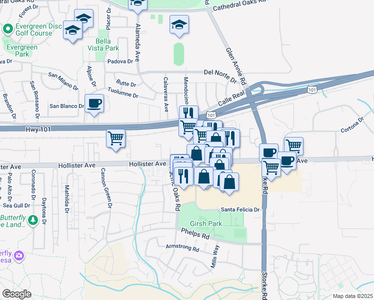 map of restaurants, bars, coffee shops, grocery stores, and more near 145 Santa Felicia Drive in Goleta