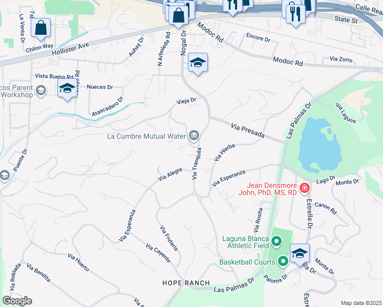 map of restaurants, bars, coffee shops, grocery stores, and more near 691 Via Trepadora in Goleta