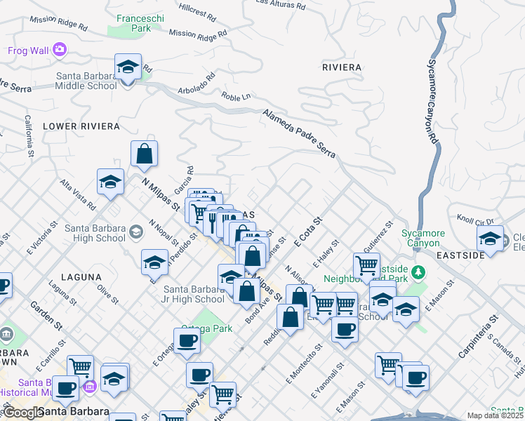 map of restaurants, bars, coffee shops, grocery stores, and more near 728 North Voluntario Street in Santa Barbara