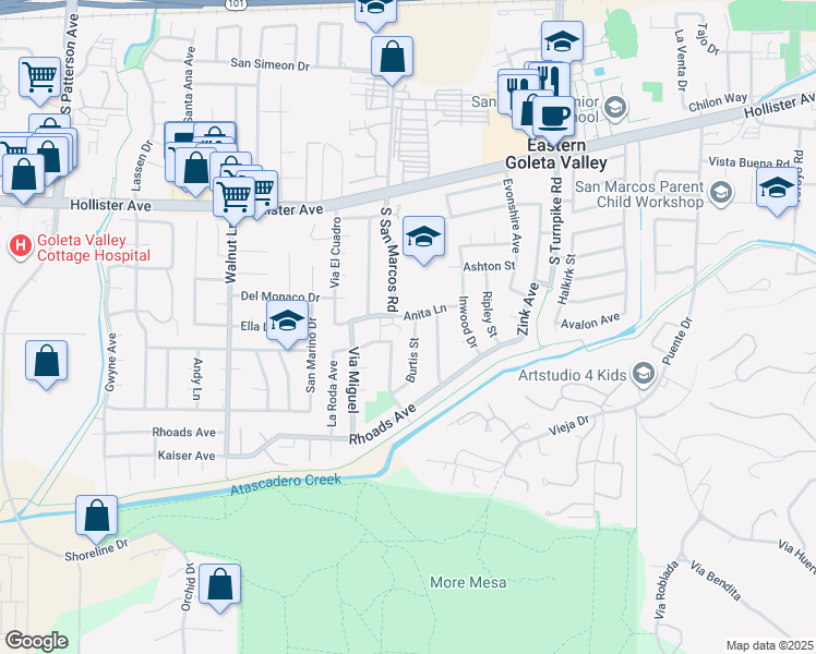 map of restaurants, bars, coffee shops, grocery stores, and more near 4997 Anita Lane in Goleta