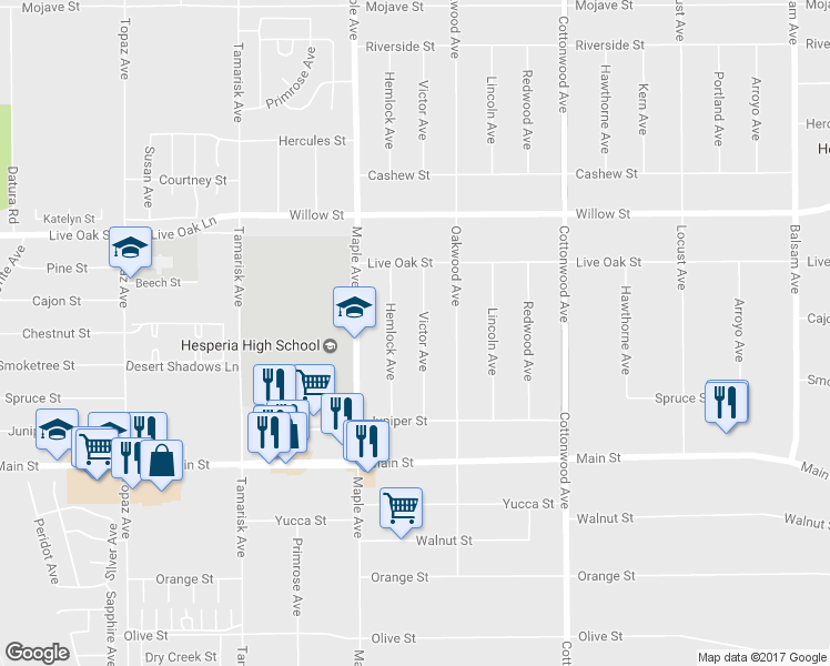 map of restaurants, bars, coffee shops, grocery stores, and more near 9922 Victor Avenue in Hesperia