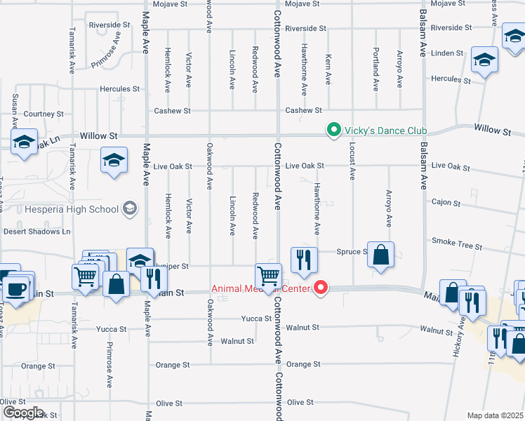 map of restaurants, bars, coffee shops, grocery stores, and more near 9925 Redwood Avenue in Hesperia