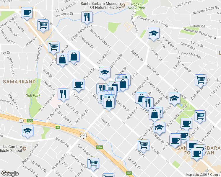 map of restaurants, bars, coffee shops, grocery stores, and more near 21 West Padre Street in Santa Barbara