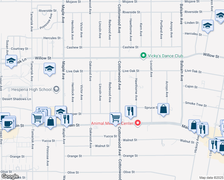 map of restaurants, bars, coffee shops, grocery stores, and more near 9925 Redwood Avenue in Hesperia