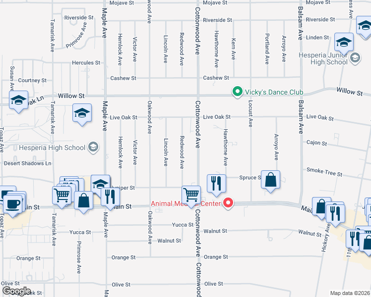 map of restaurants, bars, coffee shops, grocery stores, and more near 9925 Redwood Avenue in Hesperia